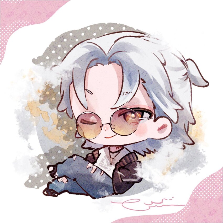 1boy aalto_(wuthering_waves) brown_jacket chibi chibi_only closed_mouth commentary_request denim full_body jacket jeans long_hair looking_at_viewer lt26 male_focus official_alternate_costume one_eye_closed orange_eyes pants parted_bangs round_eyewear shirt signature smile solo sunglasses white_hair white_shirt wuthering_waves
