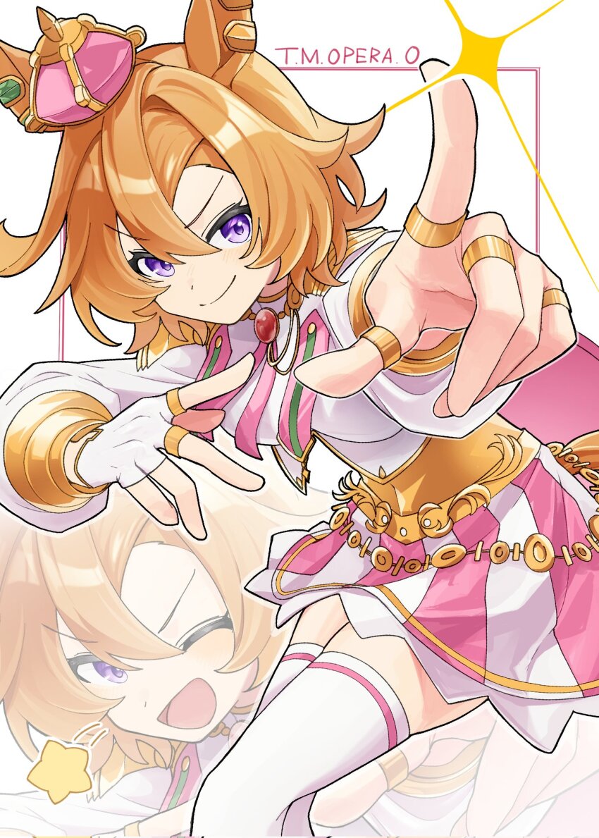 1girl ;d amano_(amano_miko) animal_ear_piercing animal_ears armor armored_corset border breasts cape character_name closed_mouth commentary corrupted_twitter_file cropped_shirt crown feet_out_of_frame gold_armor hair_between_eyes highres horse_ears horse_girl horse_tail index_finger_raised inset_border jewelry leaning_forward long_sleeves looking_at_viewer mini_crown miniskirt necklace one_eye_closed open_mouth orange_eyes orange_hair orange_tail outstretched_arm pauldrons pink_cape pink_skirt pointing pointing_at_viewer purple_eyes red_brooch ring shirt short_hair shoulder_armor shoulder_pads single_horizontal_stripe skirt smile sparkle striped_clothes striped_skirt symbol-only_commentary t.m._opera_o_(umamusume) tail thighhighs two-tone_skirt umamusume v-shaped_eyebrows vambraces white_border white_shirt white_skirt white_thighhighs wink_star zettai_ryouiki zoom_layer