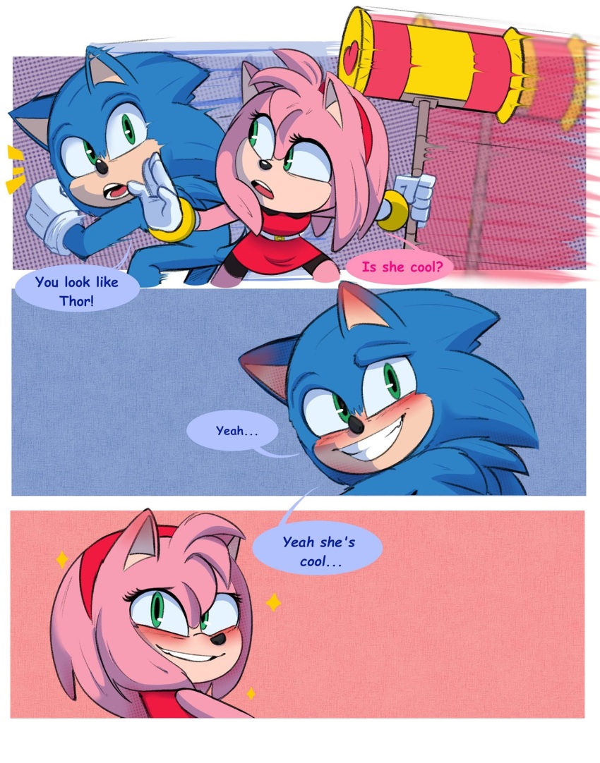 amy_rose blue_fur blush dress gloves green_eyes hairband hammer highres medium_hair paramount_pictures pink_fur reference sega smile sonic_(live_action) sonic_(series) sonic_the_hedgehog sonic_the_hedgehog_(film) sonic_the_hedgehog_3_(film) spiked_hair teamwork toy_hammer