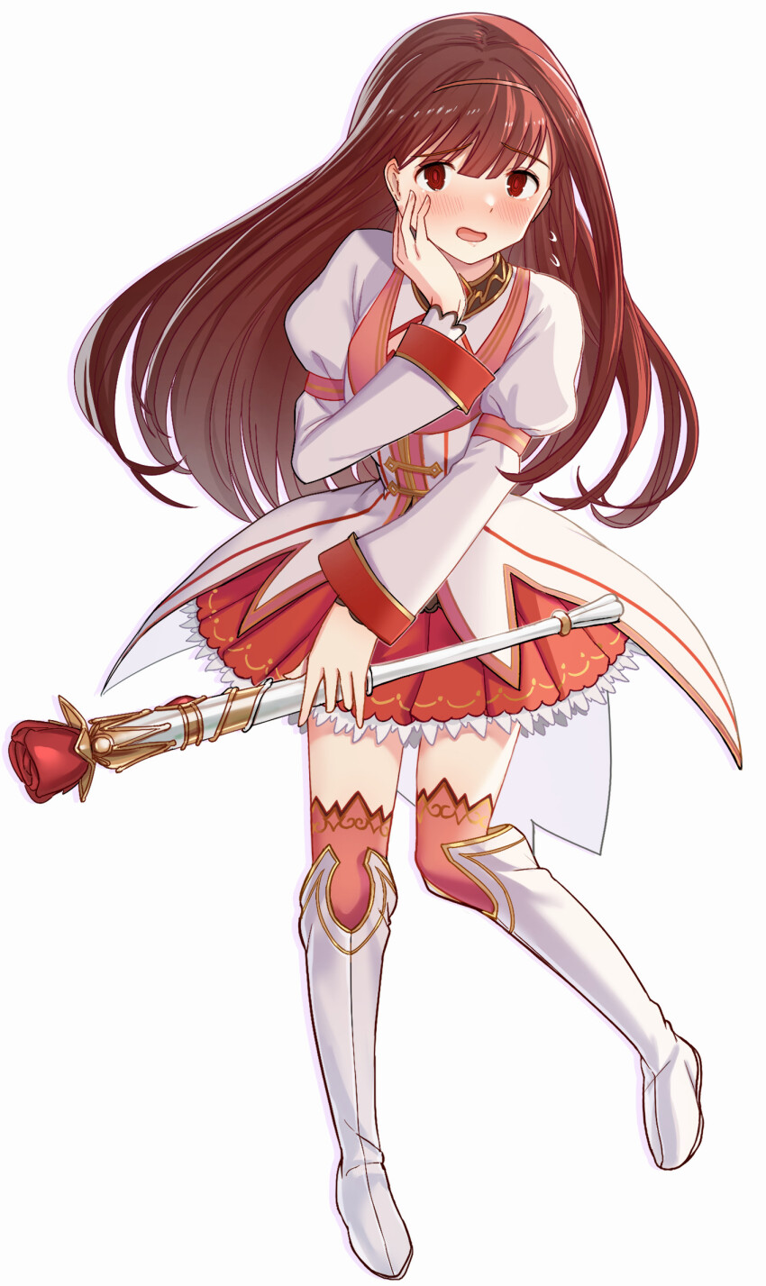 1girl blurry blush boots breasts brown_eyes brown_hair cosplay depth_of_field dot_nose flying_sweatdrops full_body hairband hand_on_own_cheek hand_on_own_face highres holding holding_wand idolmaster idolmaster_million_live! idolmaster_million_live!_theater_days jacket knee_boots leg_up long_hair long_sleeves looking_at_viewer medium_breasts miniskirt open_mouth pink_hairband pink_thighhighs pleated_skirt princess_connect! puffy_long_sleeves puffy_sleeves red_skirt shy simple_background skirt solo standing standing_on_one_leg suzuki_puramo tanaka_kotoha thighhighs voice_actor_connection wand white_background white_boots white_jacket yui_(princess_connect!) yui_(princess_connect!)_(cosplay) zettai_ryouiki