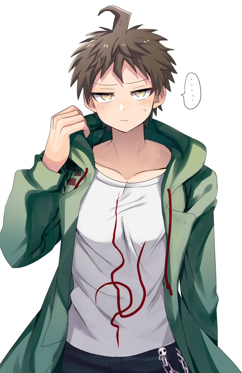 ... 1boy absurdres ahoge blush brown_eyes brown_hair chain closed_mouth collarbone cosplay cowboy_shot danganronpa_(series) danganronpa_2:_goodbye_despair hand_up highres hinata_hajime hood jacket kayupon komaeda_nagito komaeda_nagito_(cosplay) long_sleeves looking_at_viewer male_focus open_clothes open_jacket pants print_shirt shirt short_hair simple_background skull_ornament solo speech_bubble spoken_ellipsis sweatdrop white_background white_shirt