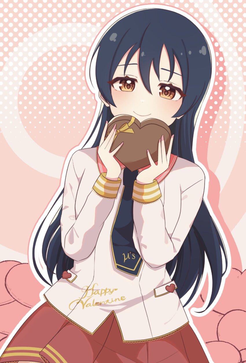 1girl black_necktie blue_hair box commentary cowboy_shot gift hair_between_eyes happy_valentine heart-shaped_box highres holding holding_gift long_hair long_sleeves looking_at_viewer love_live! love_live!_school_idol_project miniskirt necktie official_alternate_costume orange_eyes outline ozawasan0930 pink_background pleated_skirt red_skirt shirt skirt solo sonoda_umi swept_bangs white_outline white_shirt