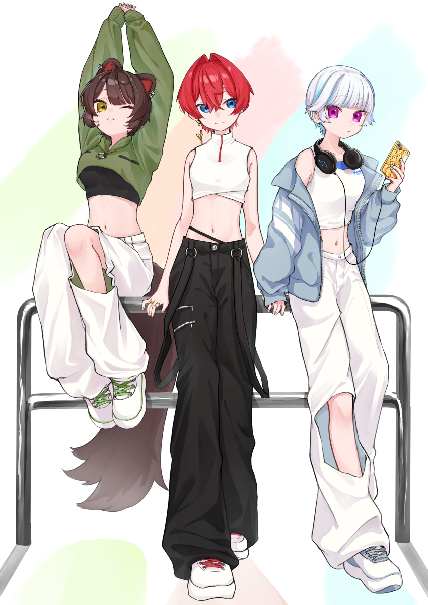 3girls 3znk :| absurdres against_railing alternate_costume alternate_hair_length alternate_hairstyle ange_katrina animal_ear_piercing animal_ears arm_support armpit_crease arms_up audio_cable baggy_pants bare_arms black_pants black_shirt blue_eyes blue_hair blue_jacket breasts brown_hair brown_tail cellphone closed_mouth collarbone commentary_request cropped_sweater dog_ears dog_girl dog_tail earrings floating_earring frown full_body gold_earrings gold_ring green_sweater groin hair_between_eyes hair_intakes hand_on_railing headphones headphones_around_neck highres inui_toko jacket jewelry knee_cutout lize_helesta long_bangs long_sleeves looking_at_viewer medium_breasts midriff multicolored_hair multiple_girls multiple_rings navel nijisanji on_railing one_eye_closed open_clothes open_jacket pants phone purple_eyes railing red_hair ring sanbaka_(nijisanji) shirt shoes short_hair sitting sleeveless sleeveless_shirt small_breasts smartphone split_mouth standing stomach streaked_hair sweater tail very_short_hair virtual_youtuber white_background white_hair white_pants white_shirt white_shoes yellow_eyes