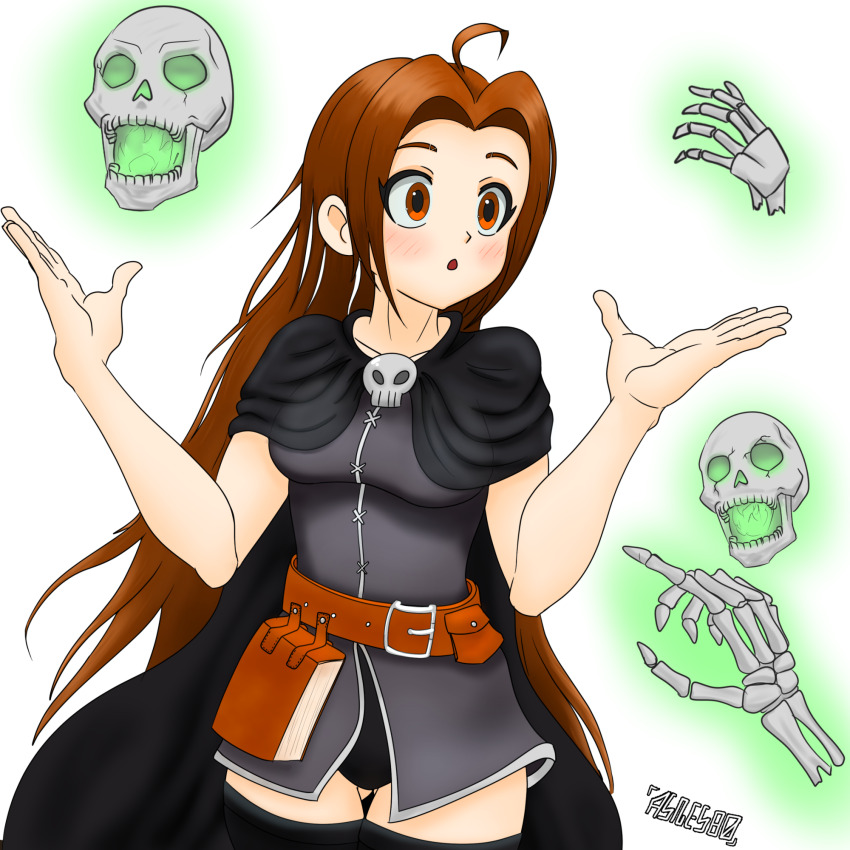 1girl ahoge asnesbo belt black_cape black_leotard black_thighhighs blush book breasts brown_belt brown_eyes brown_hair cape collarbone energy genderswap genderswap_(mtf) grey_robe highres indie_virtual_youtuber leotard long_hair looking_to_the_side magic medium_breasts necromancer open_mouth robe sarzac skeleton skull standing thighhighs white_background