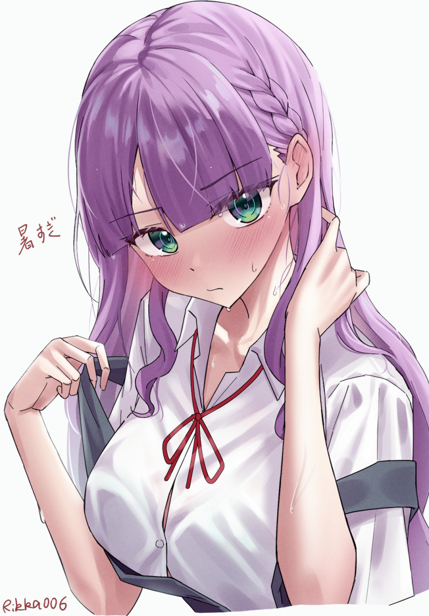 1girl blue_eyes blush braid button_gap commentary dress dress_shirt green_eyes highres long_hair love_live! love_live!_superstar!! pinafore_dress purple_hair rikka006 school_uniform shirt simple_background sleeveless sleeveless_dress solo sweat translation_request upper_body white_background wien_margarete yuigaoka_school_uniform