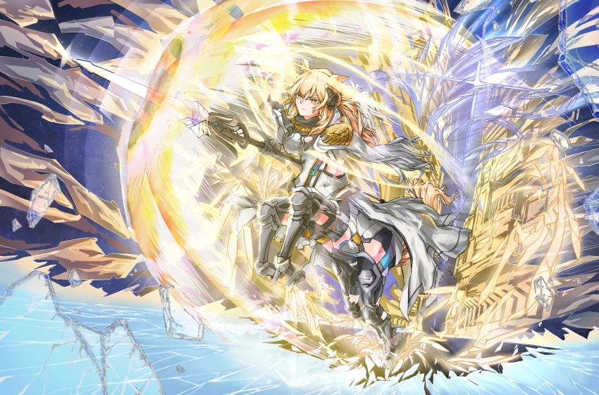 1girl absurdres animal_ear_fluff animal_ears arknights arm_armor armor armored_legwear black_gloves black_scarf black_thighhighs blonde_hair broken_glass cape centaur closed_mouth clothing_cutout commentary_request elbow_gloves energy_ball energy_spear full_body glass gloves headset highres holding holding_polearm holding_weapon hooves horse_ears horse_tail implied_extra_ears long_hair monster_girl monsterification multiple_legs nearl_(arknights) nearl_the_radiant_knight_(arknights) official_alternate_costume polearm ponytail rearing reasontears scarf shoulder_armor side_cutout sidelocks solo spear standing tail taur thighhighs weapon white_armor white_cape yellow_eyes