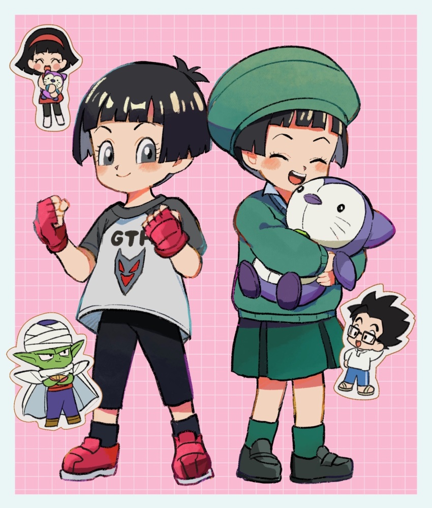 2boys 2girls :d ^_^ arm_up beret black-framed_eyewear black_eyes black_footwear black_hair black_pants black_pantyhose blue_pants blunt_bangs blush boots border brown_footwear cape chibi chibi_inset child clenched_hands closed_eyes closed_mouth collared_shirt colored_skin commentary_request crossed_arms dougi dragon_ball dragon_ball_super dragon_ball_super_super_hero dress eyelashes fingerless_gloves glasses gloves green_hat green_skin green_skirt green_socks green_sweater grey_eyes grey_shirt grid_background hairband hands_up hat highres holding holding_stuffed_toy hugging_object j_ooey long_sleeves looking_at_viewer multiple_boys multiple_girls multiple_views namekian open_mouth outside_border pan_(dragon_ball) pants pantyhose penenko piccolo pink_background pointy_ears print_shirt purple_pants rectangular_eyewear red_dress red_footwear red_gloves red_hairband red_sash sandals sash school_uniform shirt shoes short_hair short_sleeves shoulder_pads simple_background skirt sleeveless sleeveless_dress smile smirk socks son_gohan spiked_hair stuffed_animal stuffed_toy sweater t-shirt teeth turban upper_teeth_only v-shaped_eyebrows videl white_border white_cape white_footwear white_shirt white_socks