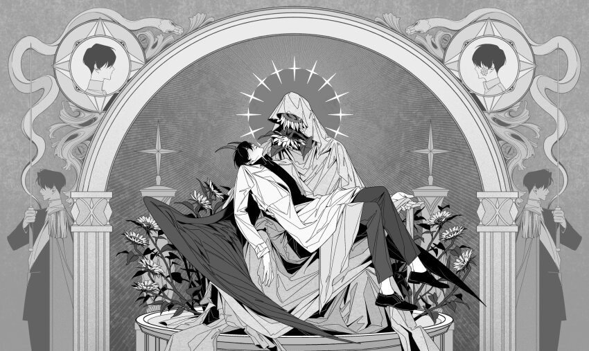 2boys arch benkdjjituibot black_shirt black_wings carrying cloak coat collared_shirt column demon_horns dress_shoes feathered_wings flower greyscale halo halo_behind_head headless highres horns hug implied_yaoi kim_dokja leaning_back limp_wrist monochrome multiple_boys multiple_views objectification official_alternate_costume omniscient_reader&#039;s_viewpoint on_lap outstretched_hand outstretched_legs pillar podium princess_carry robe secretive_plotter shirt snake sunflower too_many_flowers white_coat wings