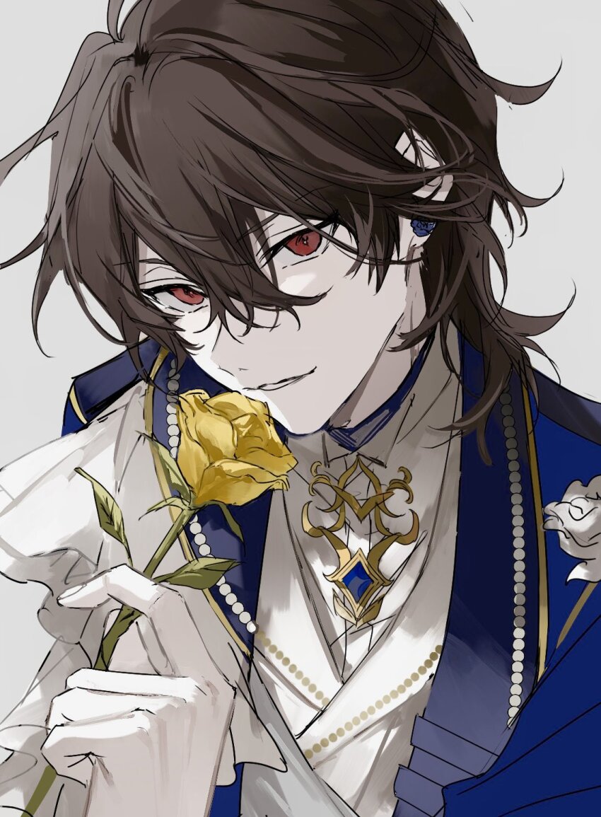 1boy black_hair blue_jacket double-parted_bangs ear_piercing ensemble_stars! flower flower_to_mouth frills from_above grey_background hair_between_eyes head_tilt highres holding holding_flower jacket jewelry looking_at_viewer male_focus medium_hair nozz177 piercing red_eyes rose sakuma_rei_(ensemble_stars!) shirt simple_background smile solo wavy_hair white_shirt yellow_flower yellow_rose