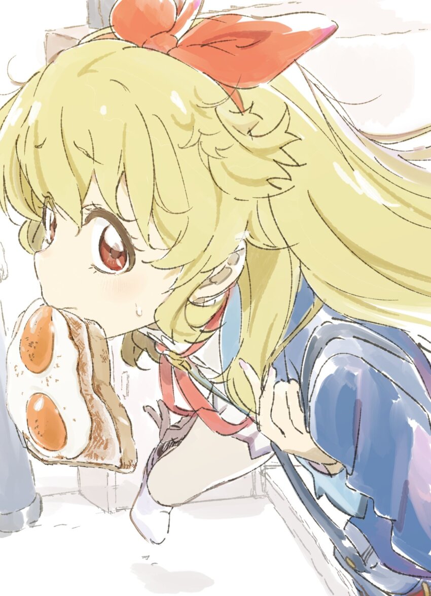 1girl aikatsu! aikatsu!_(series) bag blonde_hair blue_bag blue_jacket bow bow_hairband bread bread_slice food food_in_mouth fried_egg from_side hair_bow hairband highres hoshimiya_ichigo jacket long_hair looking_at_viewer looking_to_the_side mouth_hold raised_eyebrows red_bow red_eyes red_hairband red_ribbon ribbon saitou_atsushi_(kamatamanankotu) school_uniform shoulder_bag solo star_harmony_academy_school_uniform straight_hair sweatdrop toast toast_in_mouth upper_body