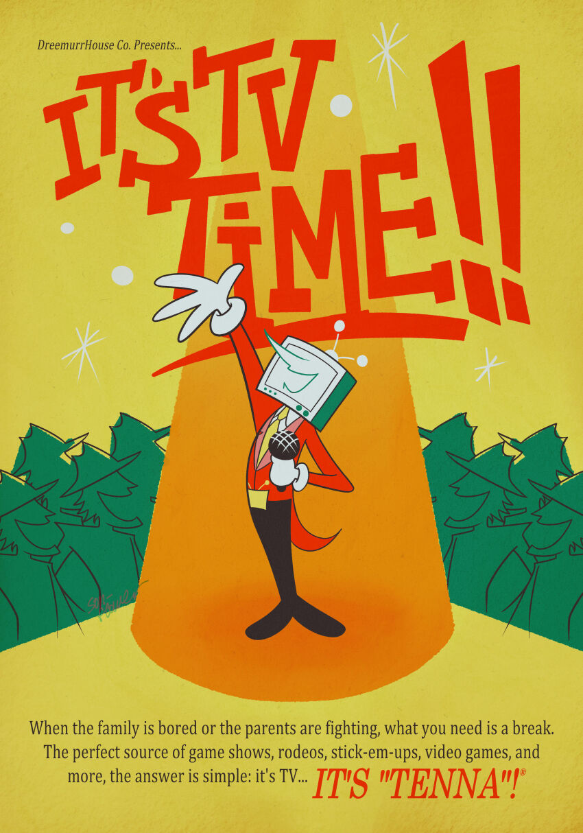 absurdres ant_tenna arm_up black_pants catchphrase character_name commentary deltarune english_commentary english_text faceless faceless_male fake_ad gloves highres holding holding_microphone jacket male_focus microphone necktie object_head pants pointy_nose red_jacket shadowguy_(deltarune) shoes smile son-flower standing white_gloves yellow_background yellow_necktie