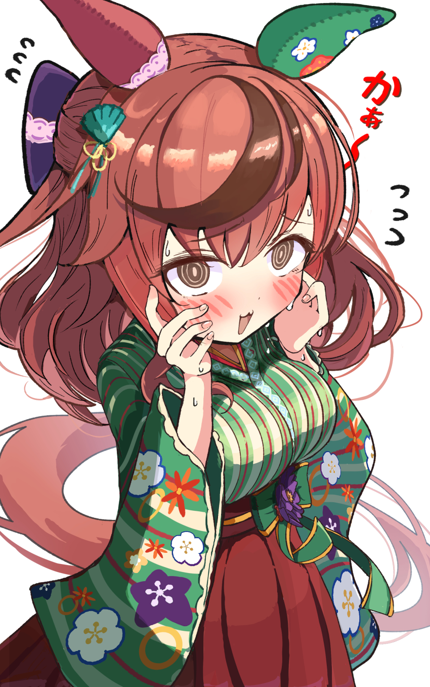 1girl @_@ absurdres alternate_hairstyle blush bow breasts brown_eyes commentary_request ear_covers hair_bow hair_ornament highres horse_girl japanese_clothes kimono looking_at_viewer medium_breasts medium_hair nice_nature_(converging_wishes)_(umamusume) nice_nature_(umamusume) official_alternate_costume open_mouth red_hair solo translation_request tsetainsu umamusume white_background yukata