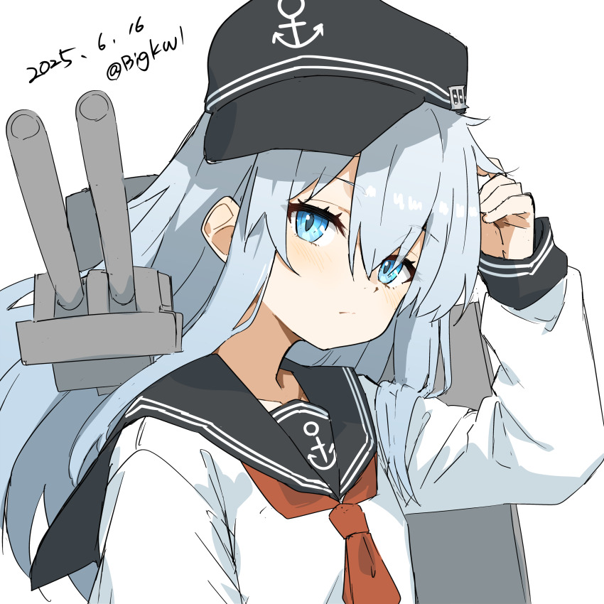 1girl absurdres anchor_symbol bigkwl black_hat black_sailor_collar blue_eyes blue_hair cannon dated flat_cap hat hibiki_(kancolle) highres kantai_collection long_hair machinery neckerchief one-hour_drawing_challenge red_neckerchief sailor_collar sailor_shirt shirt solo twitter_username upper_body white_shirt