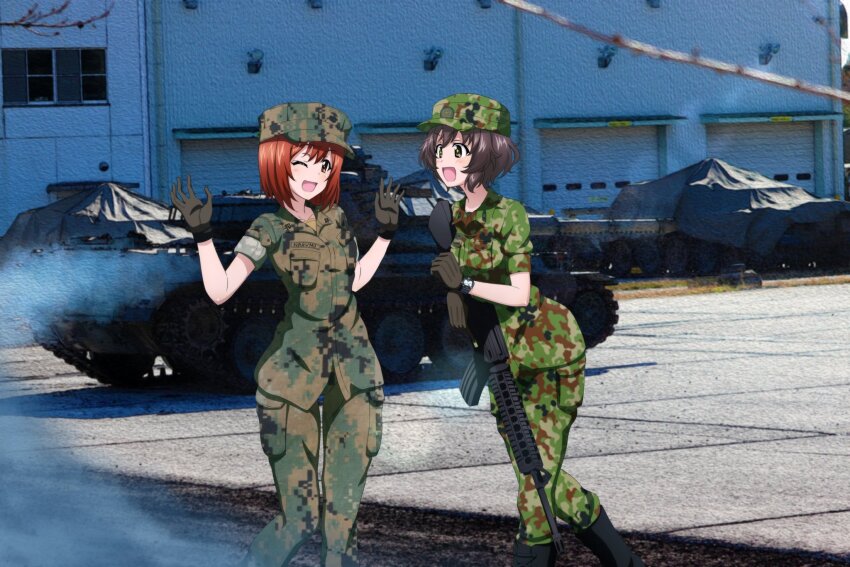 2girls akiyama_yukari alternate_costume assault_rifle black_footwear blush bob_cut boots breast_pocket brown_eyes brown_gloves brown_hair brown_headwear brown_jacket brown_pants camouflage camouflage_headwear camouflage_jacket camouflage_pants crossover day field_cap girls_und_panzer gloves green_headwear green_jacket green_pants gun hat highres holding holding_gun holding_weapon jacket key_(gaigaigai123) knee_boots looking_at_another m16 marine_corps_yumi messy_hair military military_fatigues military_uniform military_vehicle motor_vehicle multiple_girls nagumo_yumi name_tag one_eye_closed open_mouth outdoors pants photo_background pocket red_eyes red_hair rifle short_hair sleeves_rolled_up smile tank type_74_(tank) united_states_marine_corps vehicle_request watch weapon wristwatch