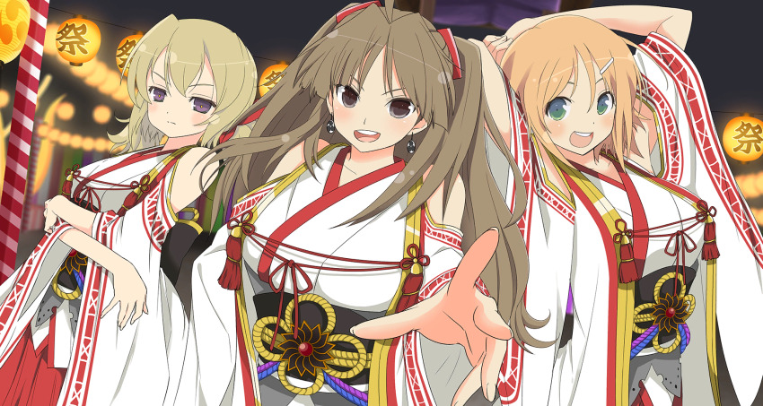 3girls :d ahoge armpits bare_shoulders blonde_hair blush breasts brown_eyes brown_hair collarbone double_bun earrings game_cg green_eyes hair_between_eyes hair_bun hair_ornament hairclip hakama hakama_skirt hanabi_(senran_kagura) highres japanese_clothes jewelry kafuru_(senran_kagura) large_breasts long_hair long_sleeves looking_at_viewer low_twintails medium_breasts mikagura_uniform miko multiple_girls night non-web_source official_art open_mouth orange_hair purple_eyes red_hakama renka_(senran_kagura) ribbon senran_kagura senran_kagura_estival_versus short_hair skirt smile twintails wide_sleeves yaegashi_nan