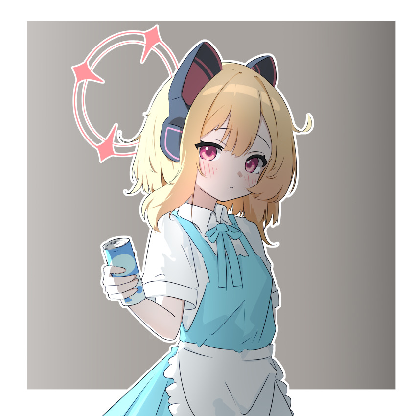 1girl :&lt; absurdres alternate_costume alternate_hairstyle animal_ear_headphones animal_ears apron aqua_bow aqua_bowtie arm_at_side asymmetrical_hair blonde_hair blue_archive blush border bow bowtie can cat_ear_headphones cat_ears closed_mouth clothing_request collared_shirt dot_nose double-parted_bangs drink_can fake_animal_ears frilled_apron frills gradient_background grey_background hair_between_eyes halo hand_up headphones highres holding holding_can huajiao looking_at_viewer looking_to_the_side medium_hair momoi_(blue_archive) no_hair_bow outline outside_border pink_eyes pink_halo shirt short_sleeves side_ahoge sidelocks simple_background solo three_quarter_view upper_body waist_apron white_apron white_border white_outline white_shirt