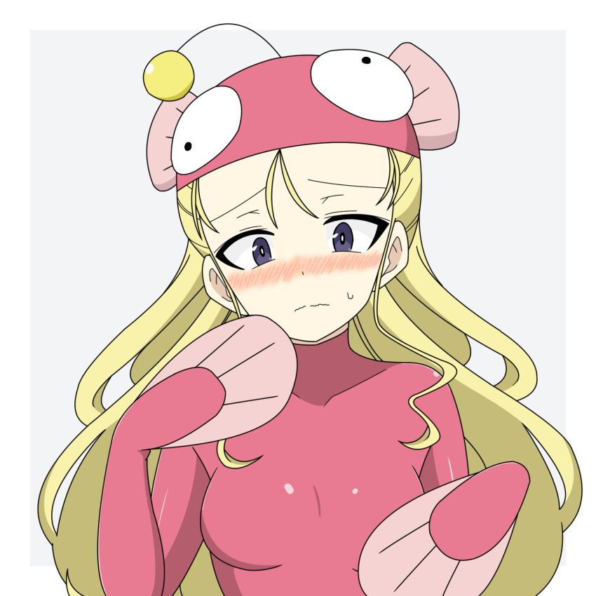 1girl anglerfish_costume assam_(girls_und_panzer) blonde_hair blue_eyes blush bodysuit breasts closed_mouth girls_und_panzer highres ichinose_jun long_hair pink_bodysuit simple_background small_breasts solo upper_body wavy_mouth white_background