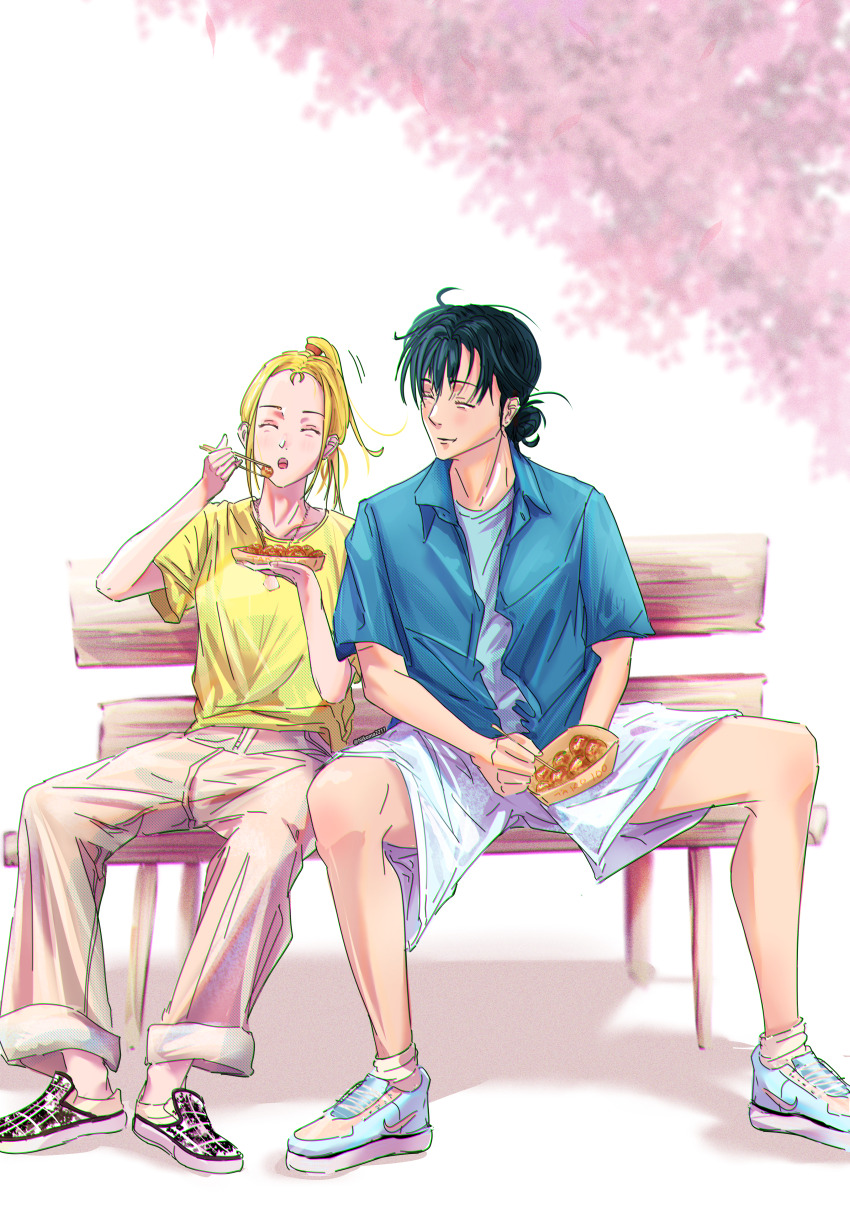 1boy 1girl absurdres ajiro_shinpei artist_name bench black_hair blonde_hair blue_shirt chopsticks closed_eyes commentary day eating english_commentary facing_another facing_viewer food highres jewelry kofune_ushio long_hair necklace nikoma2211 outdoors shell shell_necklace shirt shoes short_sleeves shorts sitting sneakers summertime_render takoyaki white_shorts yellow_shirt