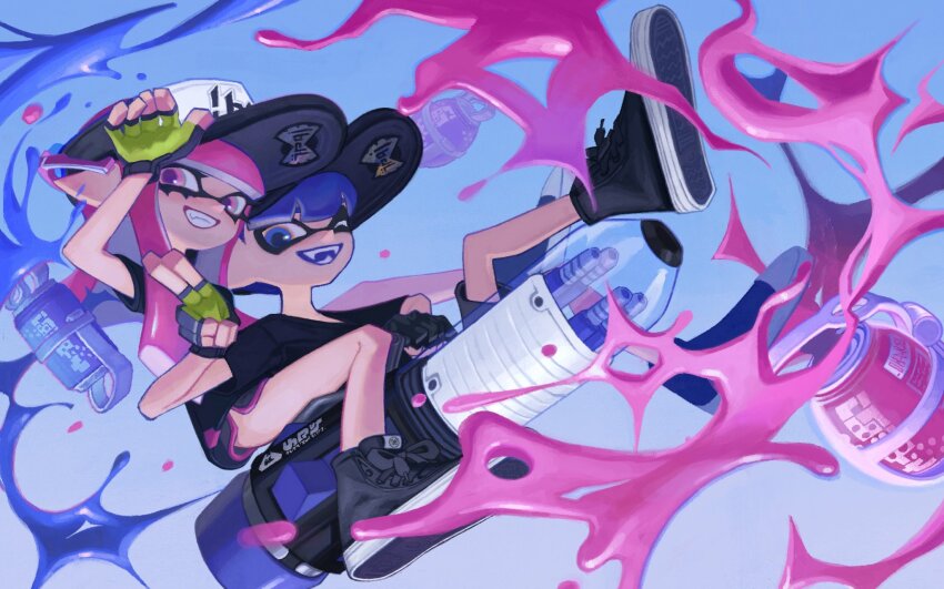 1boy 1girl ballpoint_splatling_(splatoon) black_gloves black_shirt black_shoes black_shorts blue_hair blue_tongue blunt_bangs colored_tongue commentary_request dolphin_shorts fingerless_gloves fizzy_bomb_(splatoon) full_body gloves green_gloves grin hat highres inkling inkling_boy inkling_girl inkling_player_character ka1_(k4k37) long_hair looking_at_viewer nintendo one_eye_closed pink_eyes pink_hair pointy_ears shirt shoes short_sleeves shorts smile sneakers splatoon_(series) t-shirt tentacle_hair two-tone_gloves visor_cap white_hat