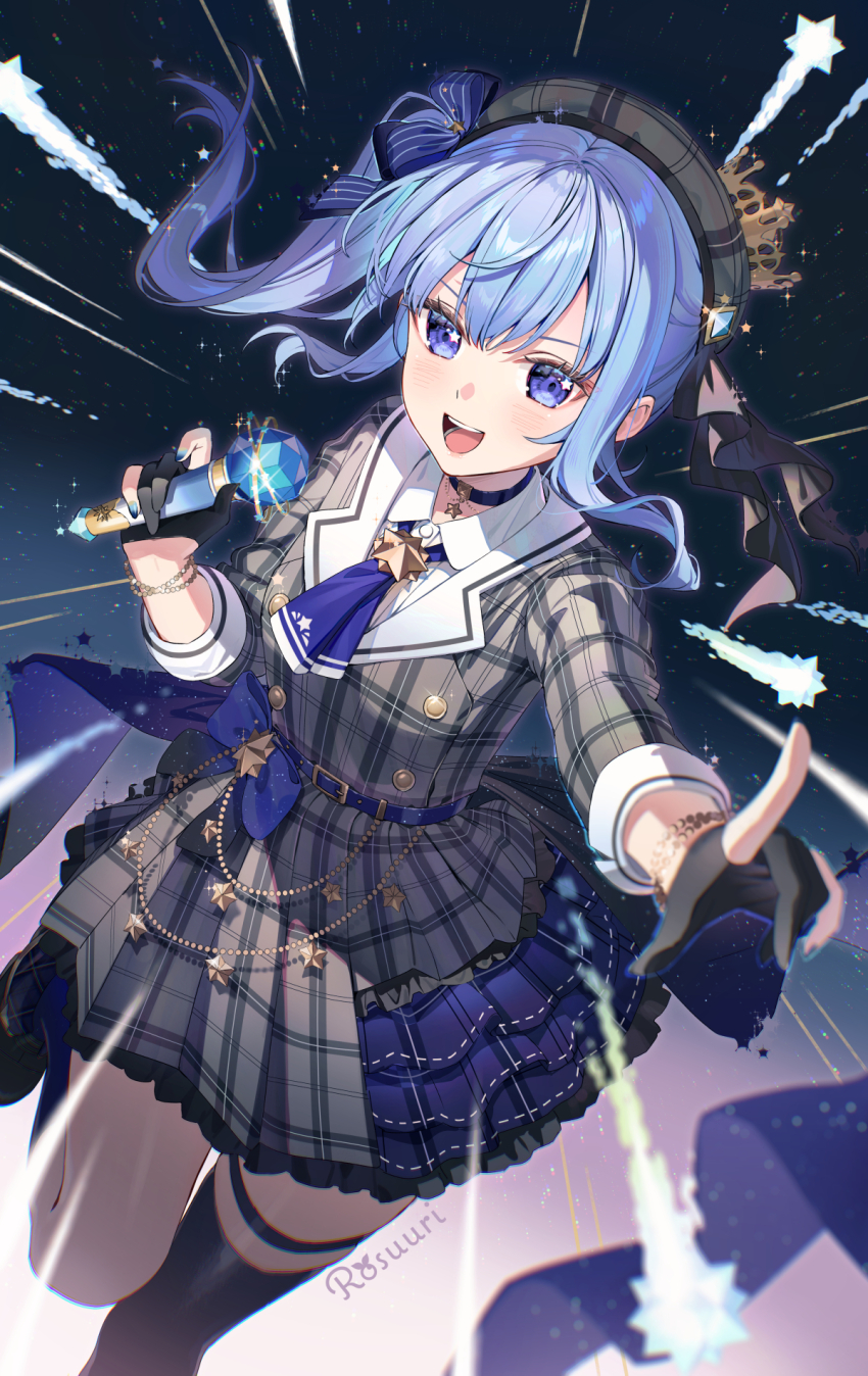 1girl :d artist_name asymmetrical_legwear beret black_gloves black_thighhighs blue_bow blue_eyes blue_hair blue_socks blush bow buttons crown double-breasted dress dutch_angle foot_out_of_frame frilled_dress frills gloves grey_hair grey_hat hair_between_eyes hat hat_ribbon highres holding holding_microphone hololive hoshimachi_suisei hoshimachi_suisei_(1st_costume) jacket long_sleeves microphone mini_crown night night_sky open_mouth partially_fingerless_gloves plaid_clothes plaid_hat plaid_jacket pointing ribbon rosuuri short_dress side_ponytail sky smile socks solo standing standing_on_one_leg star_(sky) star_(symbol) star_in_eye starry_sky symbol_in_eye thigh_strap thighhighs tilted_headwear uneven_legwear virtual_youtuber