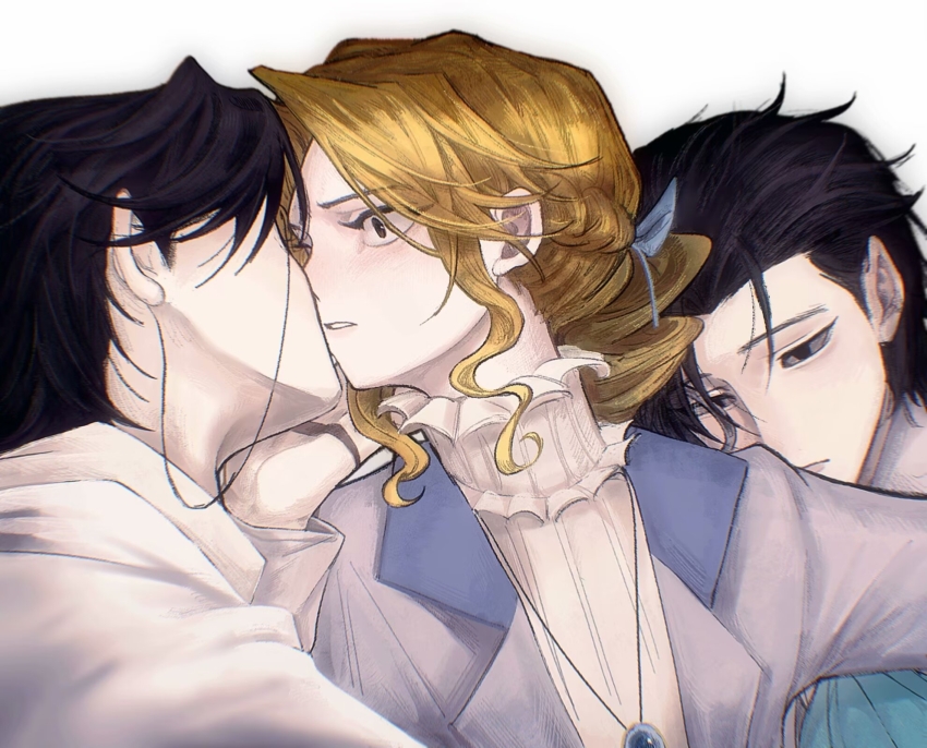 1girl 2boys alice_deross aqua_ascot beijingban18388 black_eyes black_hair blonde_hair braid brown_eyes chinese_commentary commentary_request constricted_pupils empty_eyes grey_jacket highres identity_v jacket jewelry lapels medium_hair multiple_boys necklace notched_lapels open_clothes open_jacket orpheus_(identity_v) pendant procreate_(medium) shirt short_hair simple_background surprised white_background white_shirt