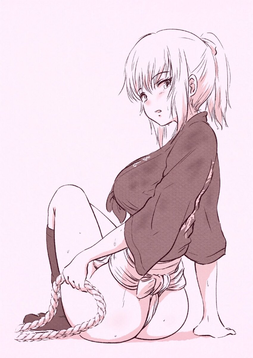 1girl arm_support ass blush breasts full_body fundoshi girls_und_panzer highres hiyama_yuu_(wee259hiyama) itsumi_erika japanese_clothes large_breasts long_hair looking_at_viewer monochrome open_mouth pink_background ponytail simple_background solo sweat