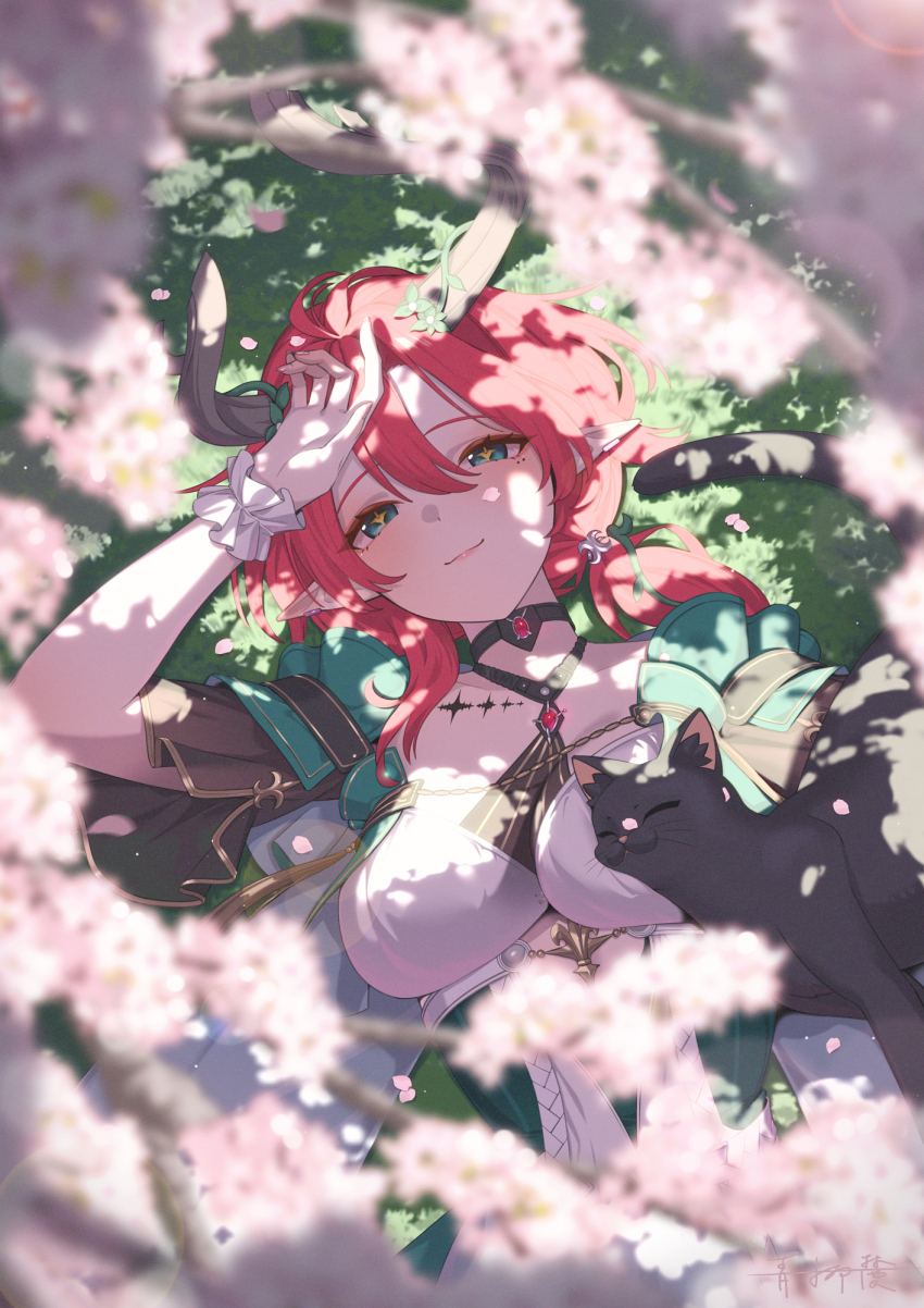 1girl bard black_cat black_horns blurry blurry_foreground breasts cat cherry_blossoms ciaccona_(wuthering_waves) closed_mouth commentary_request cutout_above_navel dress earclip grass green_eyes green_sleeves hair_between_eyes highres horns large_breasts lying meda medium_hair mole mole_under_eye multicolored_dress on_back pointy_ears red_hair smile symbol-shaped_pupils tacet_mark_(wuthering_waves) white_wrist_cuffs wrist_cuffs wuthering_waves