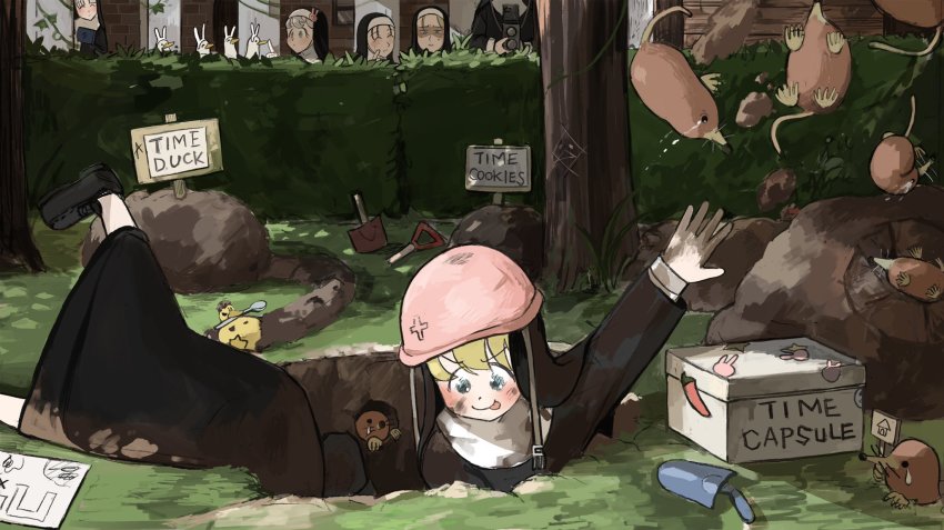 6+girls :p aged_down animal animal_ears bird blonde_hair blue_eyes book box brick_wall broken bunny_nun_(diva) camera cardboard_box chicken clumsy_nun_(diva) commentary day digging dirty dirty_clothes dirty_face diva_(hyxpk) duck english_commentary english_text fake_animal_ears finger_to_another&#039;s_mouth freckles freckles_nun_(diva) habit hair_ornament hard_hat hedge helmet highres holding holding_book holding_camera hugging_book hugging_object little_nuns_(diva) long_sleeves map mole mole_(animal) mole_under_eye mouth_hold multiple_girls nun outdoors pillar plant rabbit_ears rabbit_hair_ornament robe shaded_face shovel sign slice_of_life smile spoon strict_nun_(diva) teardrop throwing tongue tongue_out traditional_nun tree trowel twin-lens_reflex_camera v-shaped_eyebrows vines wall