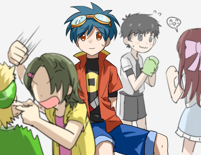 2girls 3boys angry asuka_(digimon) blue_hair blush digimon digimon_story:_lost_evolution goggles goggles_on_head hiroyuki_(digimon) multiple_boys multiple_girls red_eyes shu_(digimon) takuto_(digimon_story:_lost_evolution) yui_(digimon)