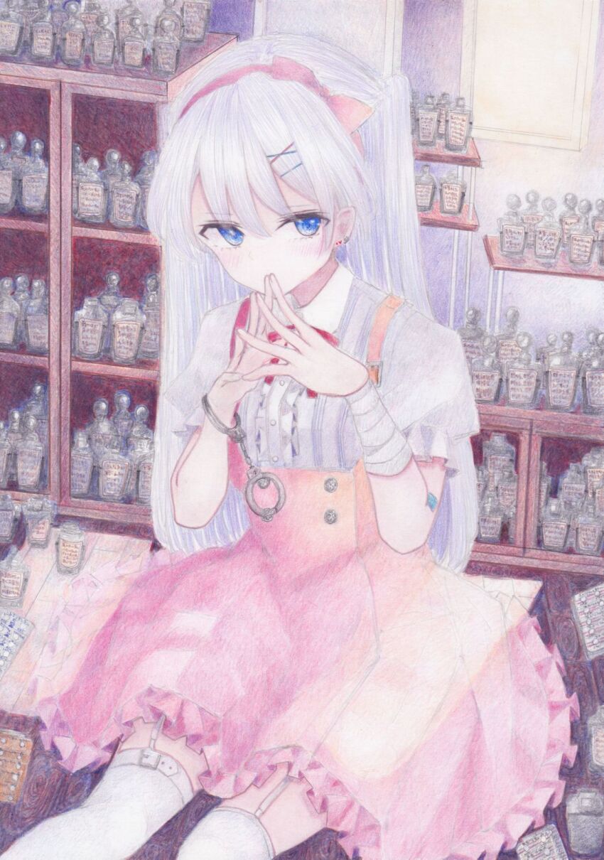 bandages blue_eyes blush bobby_pin colored_pencil_(medium) cuffs darkkanan dress eyes_visible_through_hair frilled_dress frilled_shirt frilled_skirt frills garter_straps hair_between_eyes hairband handcuffs highres indoors long_hair looking_at_viewer medicine_bottle on_floor original painting_(medium) pill pink_dress pink_hairband shirt sitting skirt suspender_skirt suspenders thighhighs traditional_media watercolor_(medium) white_hair white_shirt