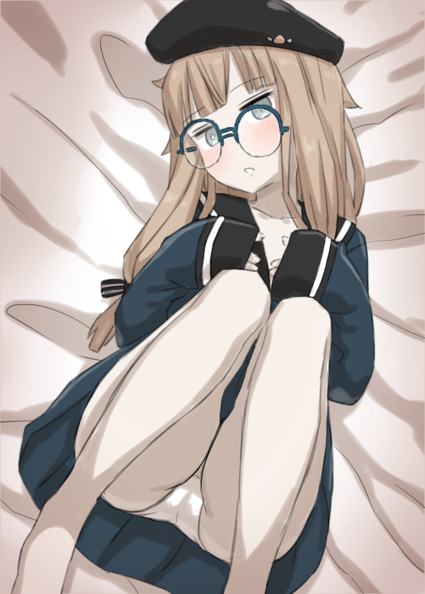 1girl beret black_hat black_sailor_collar blue_hair blue_shirt blush breasts brown_hair fate/grand_order fate_(series) glasses gradient_hair green_eyes guriguri_(arayotto4351) hat highres long_hair long_sleeves looking_at_viewer lying multicolored_hair nemo_(fate) on_back professor_nemo_(fate) round_eyewear sailor_collar shirt sidelocks sleeves_past_fingers sleeves_past_wrists small_breasts solo two-tone_hair