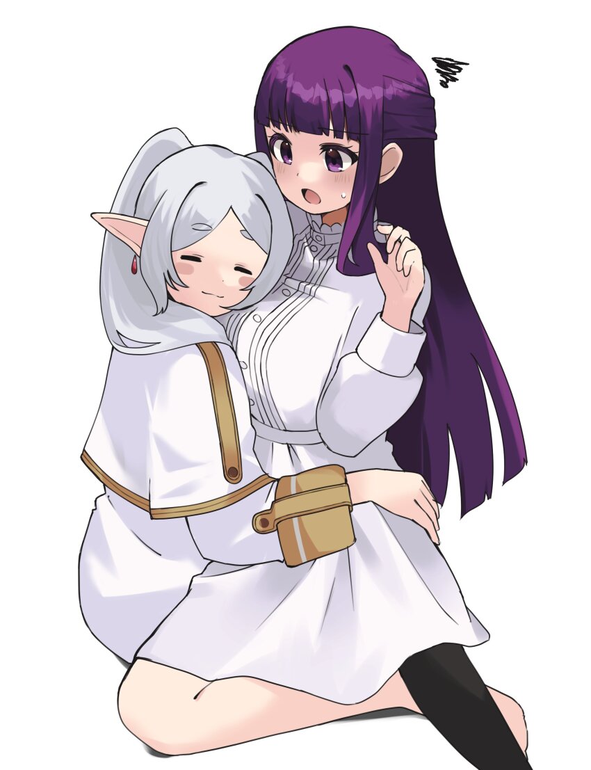 2girls absurdres black_pantyhose blush_stickers capelet closed_eyes closed_mouth commentary dress earrings elf fern_(sousou_no_frieren) frieren hand_on_another&#039;s_waist hashtag-only_commentary highres hug jewelry long_hair long_sleeves multiple_girls open_mouth pantyhose pointy_ears purple_eyes purple_hair simple_background sitting sitting_on_lap sitting_on_person sousou_no_frieren sweatdrop thick_eyebrows twintails white_background white_capelet white_dress white_hair yuri zono_(inokura_syuzo029)