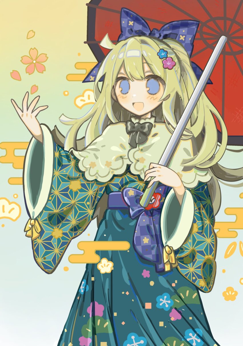1girl black_bow blonde_hair blue_bow blue_eyes blush bow capelet egasumi falling_petals floral_print floral_print_kimono flower furisode green_kimono hair_bow hair_flower hair_ornament highres japanese_clothes jsjefff kimono long_hair madou_monogatari obi official_alternate_costume oil-paper_umbrella open_mouth petals print_kimono puyopuyo puyopuyo_quest red_umbrella sash smile solo umbrella white_capelet wide_sleeves witch_(puyopuyo)