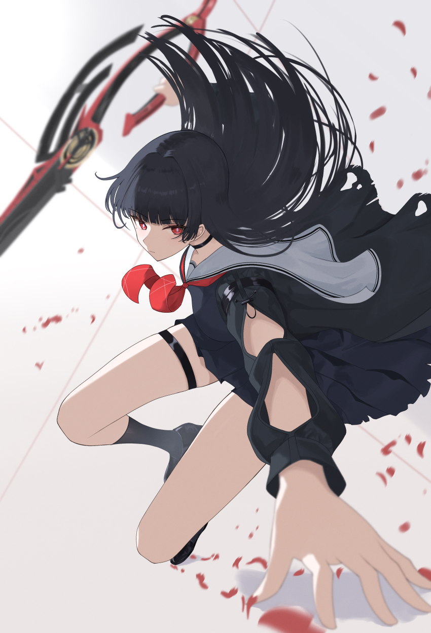 1girl absurdres arm_cutout black_choker black_hair black_serafuku black_shirt black_skirt chisa_(wuthering_waves) choker closed_mouth clothing_cutout commentary dynamic_pose grey_sailor_collar highres holding holding_sword holding_weapon long_hair long_sleeves looking_at_viewer nanashi1329 neckerchief red_eyes red_neckerchief red_petals sailor_collar school_uniform serafuku shirt skirt solo sword thigh_strap thighs weapon wuthering_waves