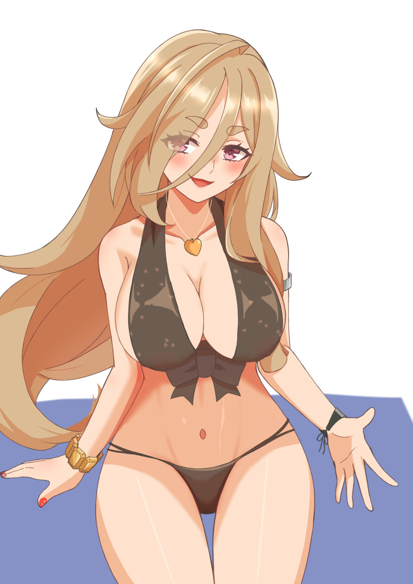 1girl :d absurdres alternate_costume bikini black_bikini blonde_hair breasts creditta_(princess_connect!) hair_between_eyes heart heart_necklace highres jewelry kyoshinsya_ysis large_breasts long_hair looking_at_viewer nail_polish navel necklace open_mouth paid_reward_available princess_connect! purple_eyes smile solo swimsuit thick_eyebrows