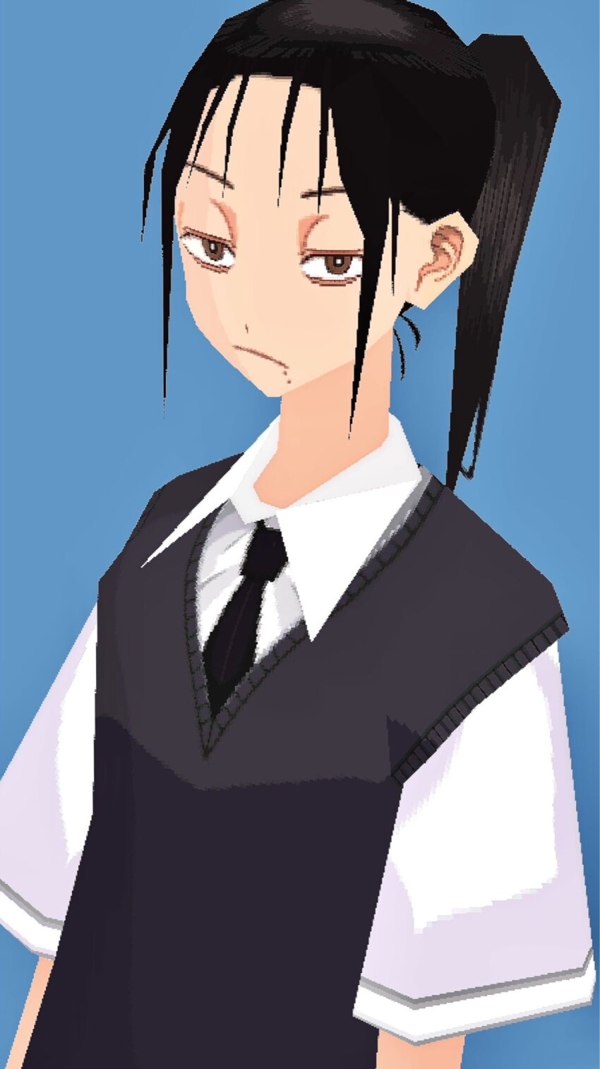 1girl 3d bags_under_eyes black_necktie blue_background brown_eyes closed_mouth collared_shirt forehead half-closed_eyes highres im_edamame low_poly mole mole_under_mouth necktie original ponytail shirt short_sleeves simple_background solo upper_body