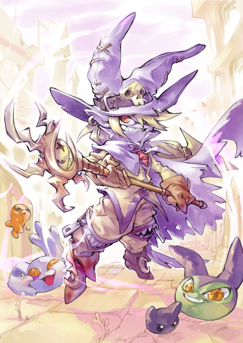 1boy absurdres blonde_hair blue_cape blue_hat cape digimon digimon_(creature) hat henrymagenta highres holding holding_staff keemon long_hair male_focus pagumon red_eyes sharp_teeth solo_focus staff teeth wizard wizarmon yarmon zipper zipper_pull_tab zurumon