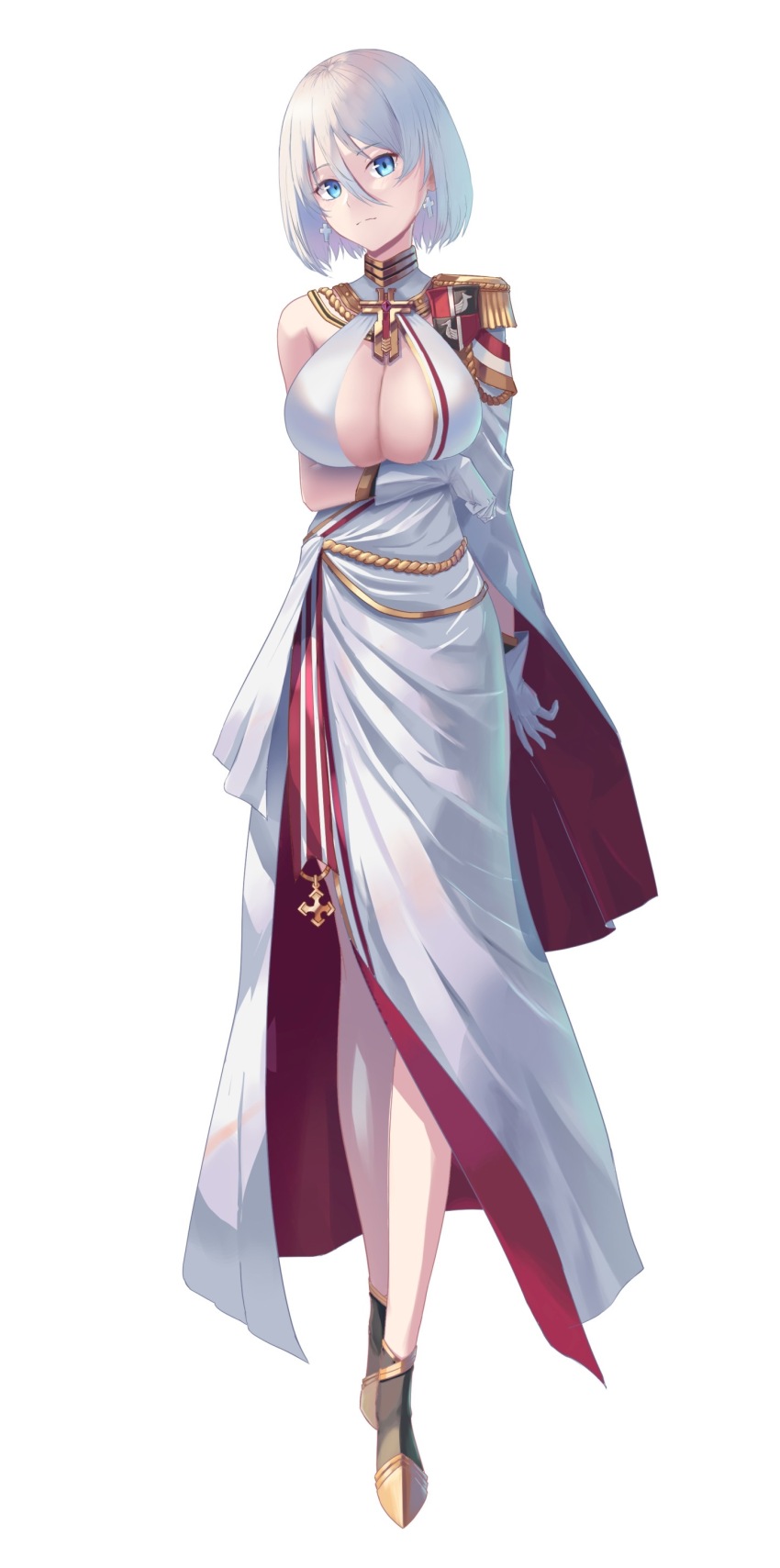 1girl absurdres aiguillette arm_under_breasts asymmetrical_clothes asymmetrical_dress azur_lane black_footwear breasts cape center_opening cleavage cross cross_earrings dress earrings epaulettes evening_gown full_body gloves hair_between_eyes highres iron_blood_(emblem) jewelry large_breasts lom_(lom_lom_8) official_alternate_costume short_hair simple_background single_epaulette solo tirpitz_(azur_lane) tirpitz_(iron_blood_snowstorm)_(azur_lane) white_background white_cape white_dress white_gloves white_hair