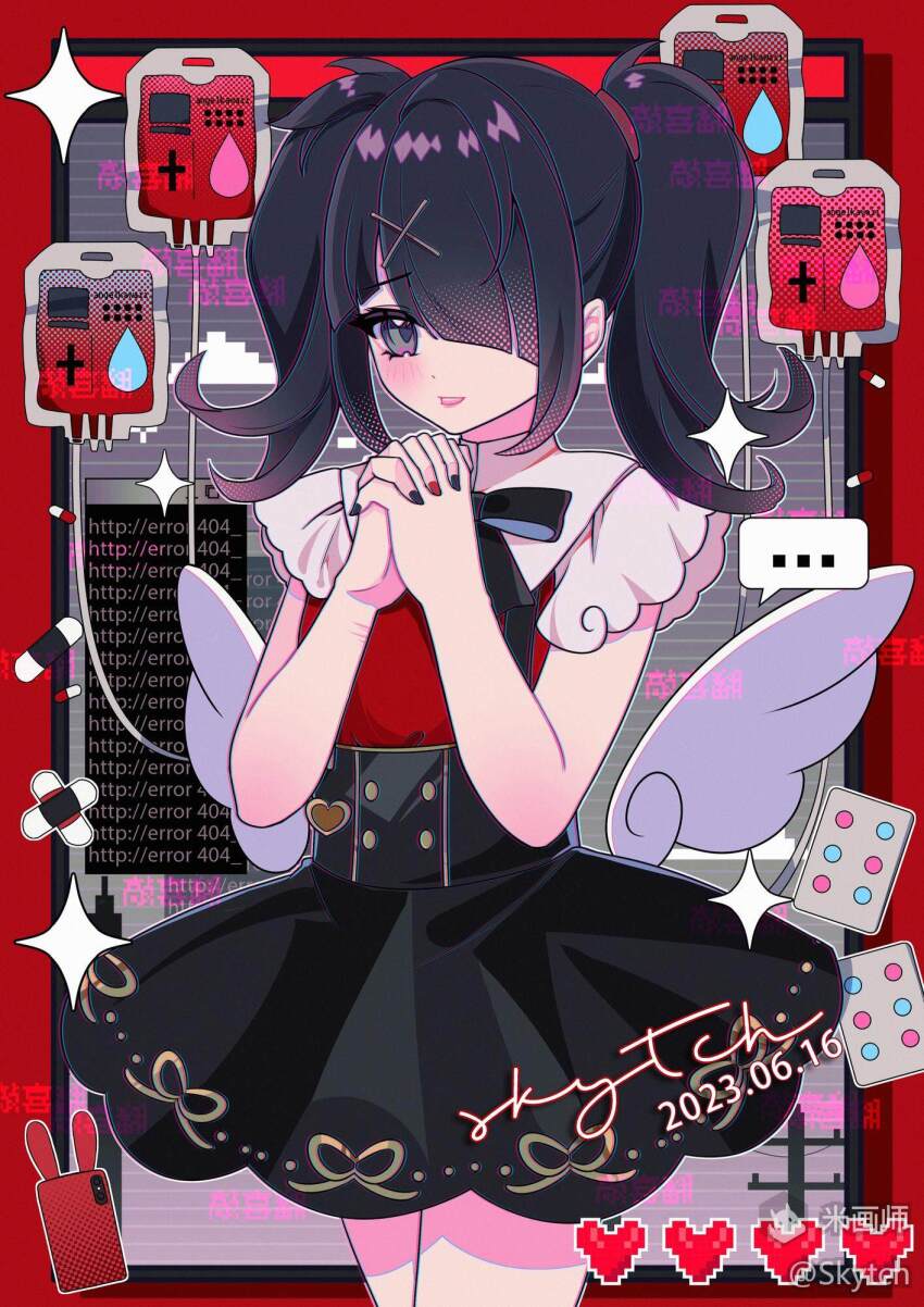 ... 1girl 404 ame-chan_(needy_girl_overdose) artist_name black_hair black_nails black_ribbon black_skirt border chinese_text collared_shirt cowboy_shot cross cuts dated error_message grey_eyes hair_ornament hair_over_one_eye hands_up heart highres http_status_code injury interlocked_fingers intravenous_drip long_hair looking_at_viewer low_wings mihuashi_logo mihuashi_username nail_polish neck_ribbon needy_girl_overdose open_mouth pixel_heart red_border red_nails red_shirt ribbon self-harm self-harm_scar shirt short_sleeves skirt skytch smile solo sparkle spoken_ellipsis standing translation_request twintails water_drop white_wings wings x_hair_ornament