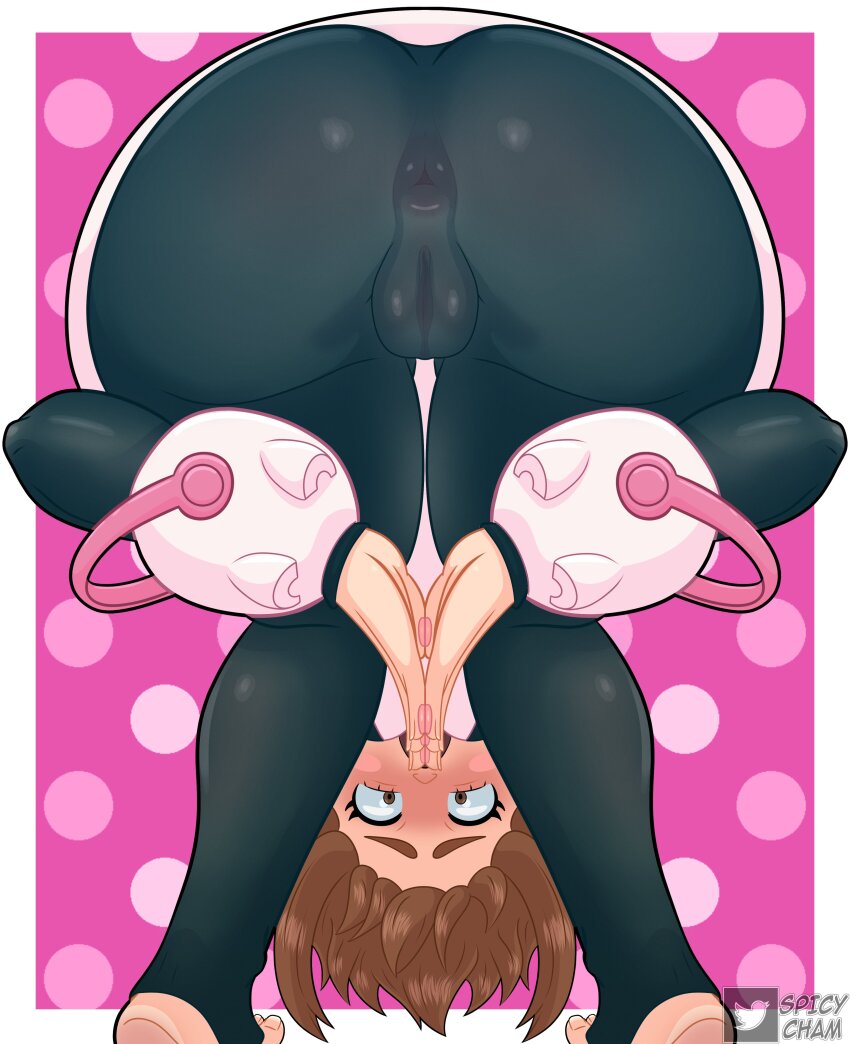 1girl 2023 absurdres anus artist_name ass ass_focus barefoot bent_over blush blush_stickers bodysuit boku_no_hero_academia breasts brown_eyes brown_hair cameltoe commentary covered_anus english_commentary fat_mons feet female_focus floating_hair from_behind highres hip_focus huge_ass medium_breasts meme no_lady_on_twitter_can_recreate_this_(meme) out_of_frame own_hands_together patterned_background pink_background simple_background skin_tight solo spicycham stirrup_legwear superhero_costume thick_thighs thighs toeless_legwear two-tone_bodysuit uraraka_ochako wide_hips