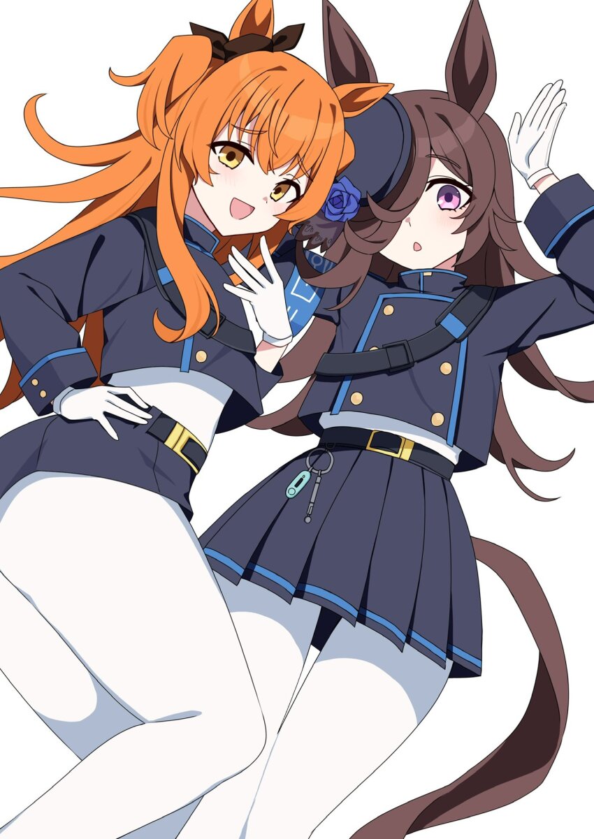 2girls animal_ears armband belt black_belt black_hat black_jacket black_shorts blue_archive blue_armband blue_flower blue_rose bow brown_bow brown_hair buttons commentary cosplay crime_prevention_buzzer double-breasted ear_bow fascinator feet_out_of_frame flipped_hair flower gloves hair_over_one_eye hat high-waist_pantyhose highres hikari_(blue_archive) hikari_(blue_archive)_(cosplay) horse_ears horse_girl hoshitani_mio iwami_manaka jacket kaoru_(h8qm9) long_sleeves mayano_top_gun_(umamusume) miniskirt multiple_girls nozomi_(blue_archive) nozomi_(blue_archive)_(cosplay) orange_hair pantyhose pose_imitation purple_eyes rabbit_pose rice_shower_(umamusume) rose short_shorts shorts skirt swept_bangs two_side_up umamusume voice_actor_connection white_background white_gloves white_pantyhose yellow_eyes