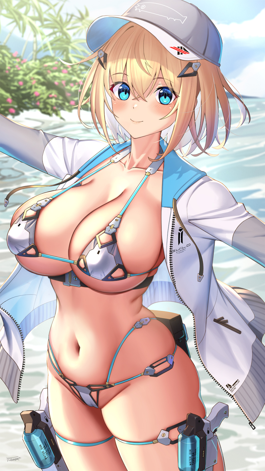 1girl beach bikini blonde_hair blue_eyes blush breasts cleavage collarbone hair_ornament hairclip hat highleg highleg_bikini highres jacket large_breasts looking_at_viewer micro_bikini navel original short_hair solo sophia_f_shirring swimsuit takamine_nadare thigh_strap water_gun