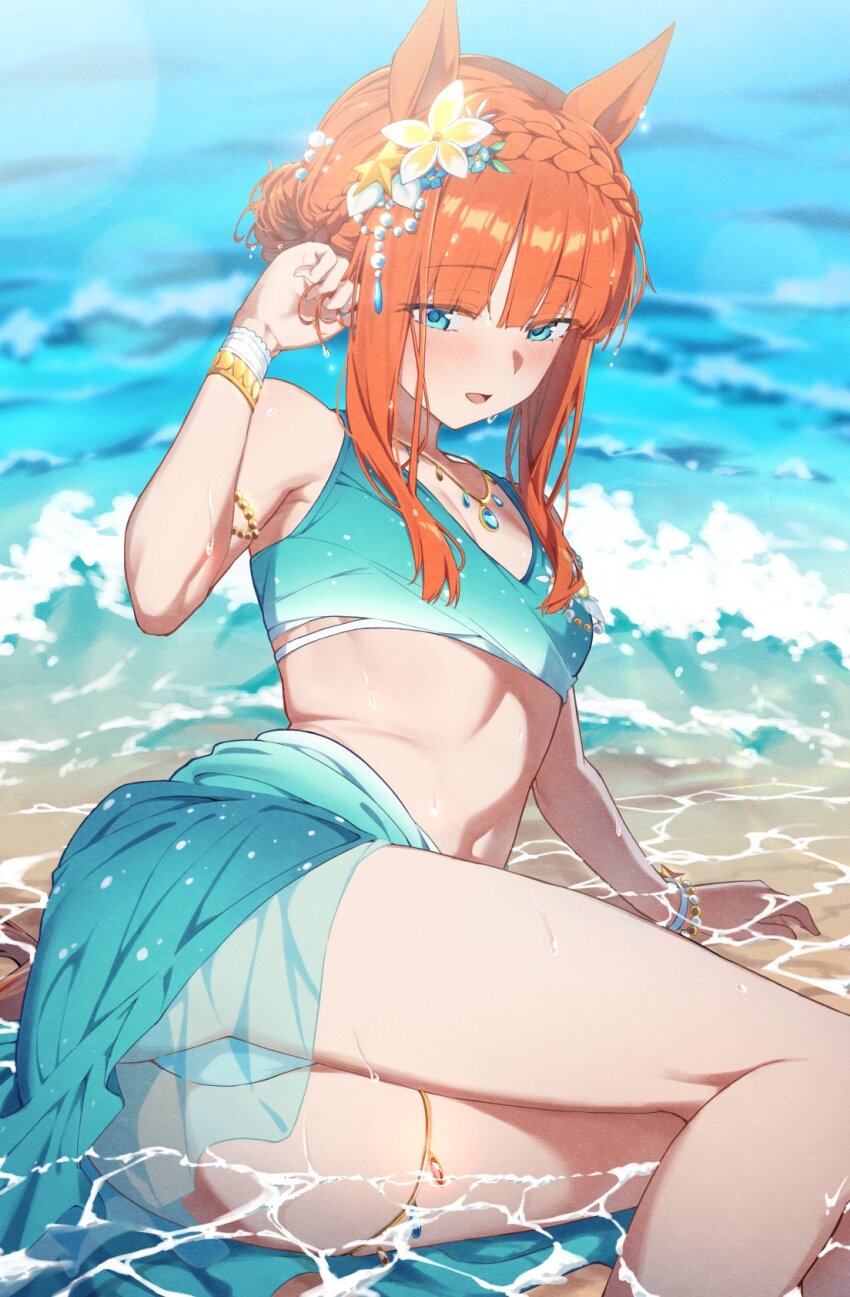 1girl animal_ears aqua_sarong bare_shoulders bikini blue_eyes blunt_bangs braid crown_braid ear_flower flower green_sarong hair_ornament highres horse_ears horse_girl jewelry kagari_liroi long_hair looking_at_viewer navel necklace official_alternate_costume official_alternate_hairstyle open_mouth orange_hair outdoors sarong sarong_hold silence_suzuka_(emerald_on_the_waves)_(umamusume) silence_suzuka_(umamusume) solo swimsuit umamusume water