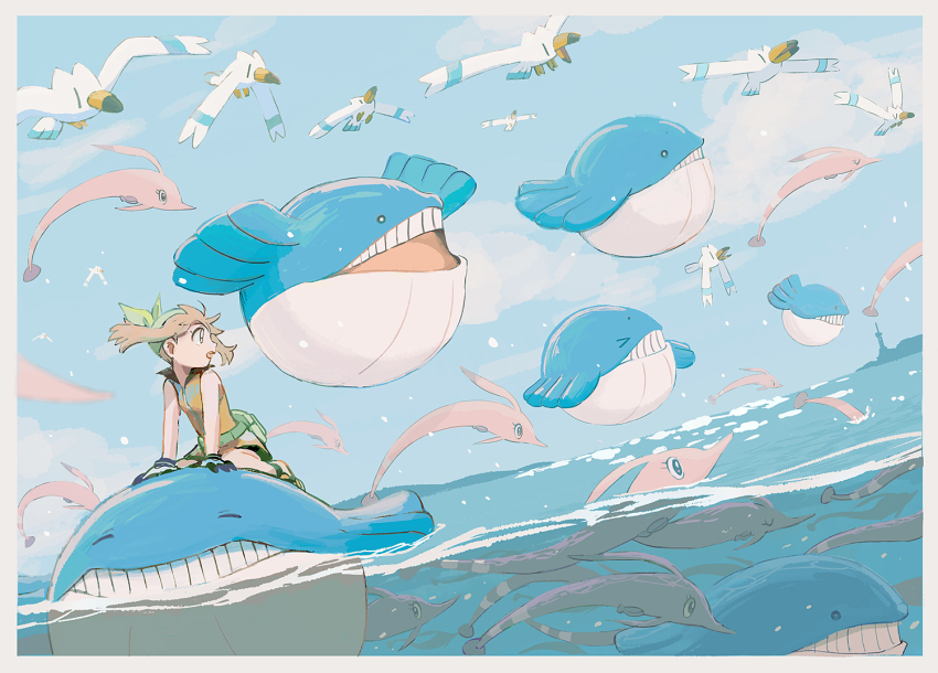 1girl :o arm_support bag bandana bird border brown_hair cloud cloudy_sky commentary_request fanny_pack game_freak gen_3_pokemon gloves gorebyss green_bag green_bandana horizon may_(pokemon) medium_hair nintendo ocean open_mouth orange_shirt outdoors partially_submerged partially_underwater_shot pokemon pokemon_(creature) pokemon_emerald pokemon_rse popcorn_91 riding riding_pokemon shirt sky sleeveless sleeveless_shirt wailmer white_border white_gloves wingull