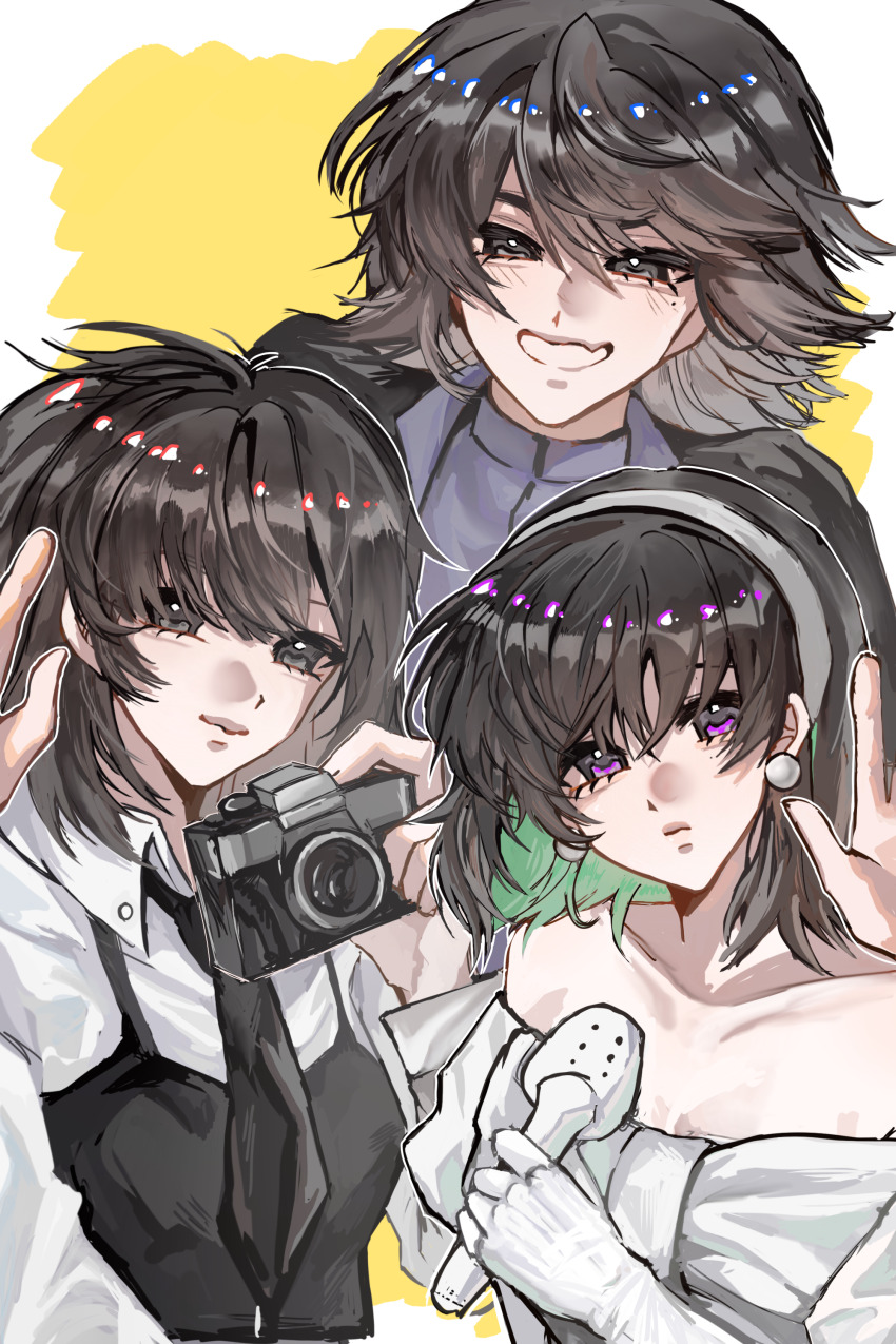 3girls absurdres alien_stage black_dress black_eyes black_hair black_necktie blue_shirt camera chinese_commentary collared_shirt color_connection commentary_request crossover dress earrings gloves hair_color_connection hairstyle_connection han_sooyoung highres holding holding_camera holding_microphone jewelry medium_hair microphone multiple_crossover multiple_girls necktie off-shoulder_dress off_shoulder omniscient_reader&#039;s_viewpoint pearl_earrings purple_eyes qiao_ling shiguang_dailiren shirt shirt_under_dress shiyounianwu sleeveless sleeveless_dress smile sphere_earrings sua_(alien_stage) white_dress white_gloves white_shirt