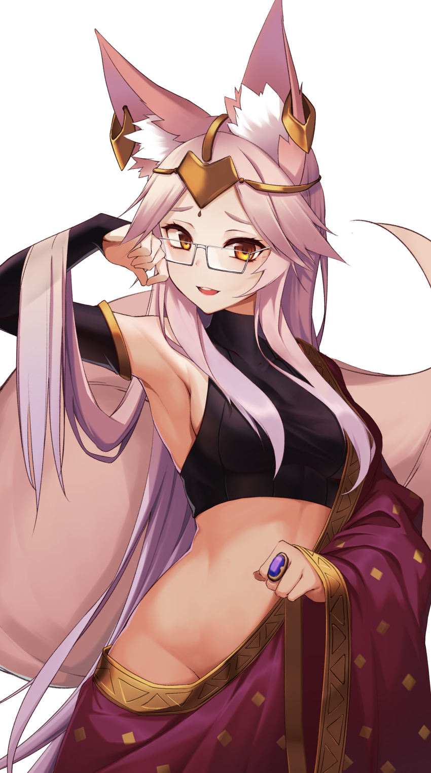 1girl absurdres animal_ear_fluff animal_ears bare_shoulders blush breasts circlet crop_top fate/grand_order fate_(series) female_focus fox_ears fox_girl fox_tail groin highres indian_clothes jewelry koyanskaya_(fate) koyanskaya_(indian_lostbelt_outfit)_(fate) large_breasts long_hair looking_at_viewer ninsaki_(9saki) no_panties open_mouth parted_bangs pink_hair ring robe simple_background smile solo tail tamamo_(fate) white_background yellow_eyes