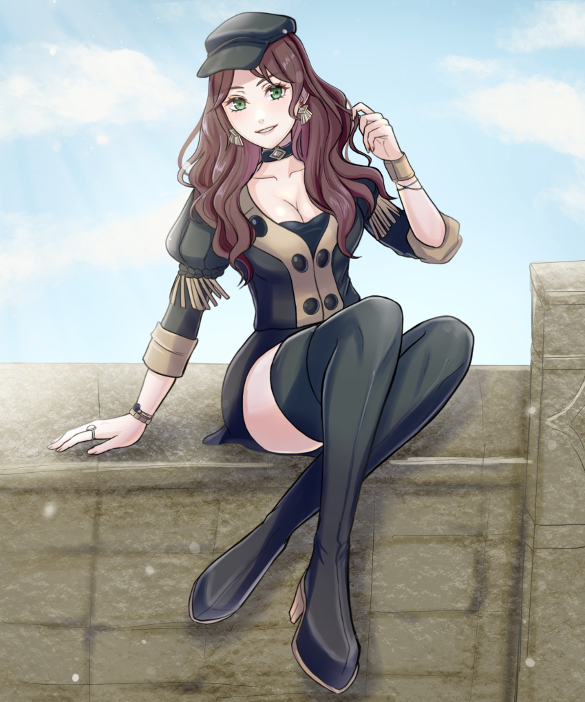 1girl absurdres black_hat breasts brown_hair buttons cabbie_hat cleavage commentary_request dorothea_arnault earrings fire_emblem fire_emblem:_three_houses garreg_mach_monastery_uniform green_eyes hat highres jewelry juliet_sleeves kousetu0506 large_breasts long_hair long_sleeves nintendo outdoors puffy_sleeves ring sitting smile solo wavy_hair