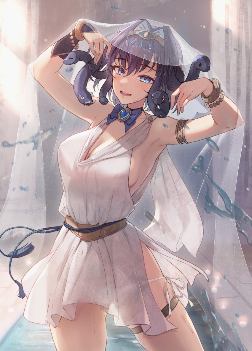1girl absurdres armlet bare_shoulders blue_eyes breasts cleavage dress eliskalti highres hololive hololive_english jewelry large_breasts living_hair looking_at_viewer monster_girl motion_blur open_mouth ouro_kronii purple_hair sideboob smile snake snake_hair solo standing thigh_strap toga veil virtual_youtuber water white_dress white_veil