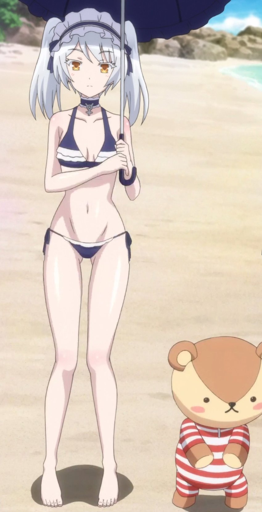 1girl absurdres anime_screenshot barefoot beach bikini breasts choker feet highres isekai_wa_smartphone_to_tomo_ni. leen_(isekai_wa_smartphone_to_tomo_ni.) long_hair maid_headdress paula_(isekai_wa_smartphone_to_tomo_ni.) sand silver_hair small_breasts stitched stuffed_animal stuffed_toy swimsuit third-party_edit umbrella yellow_eyes