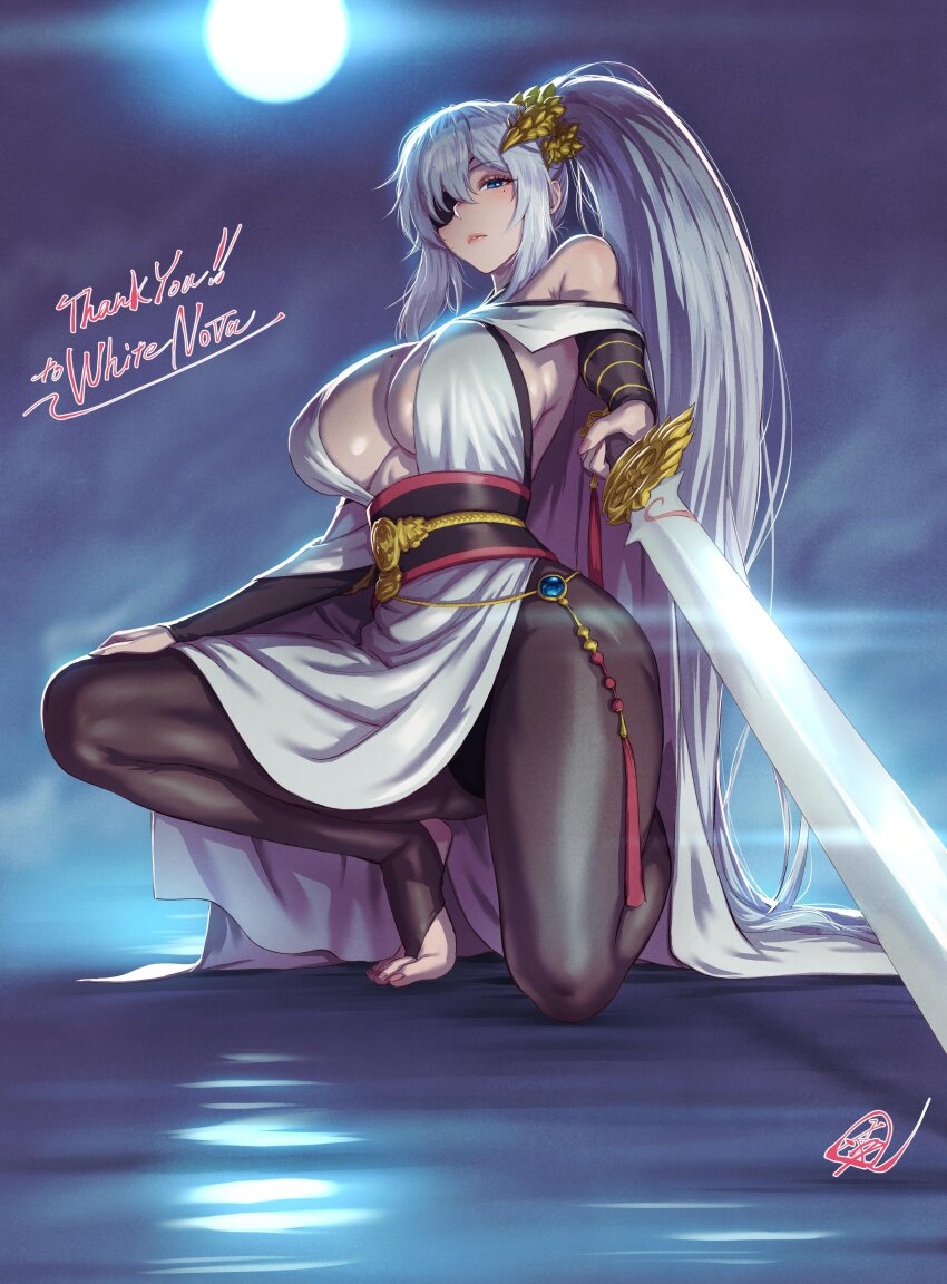 1girl absurdres bare_shoulders blue_eyes breasts brown_nails center_opening cleavage commentary commission commissioner_name english_commentary eyepatch feet fingernails from_below fujii_eishun hair_ornament hand_on_own_leg high_ponytail highres holding holding_sword holding_weapon japanese_clothes kneeling long_bangs long_fingernails long_hair long_toenails looking_at_viewer mole mole_under_eye moon nail_polish narrowed_eyes night night_sky on_one_knee original pantyhose parted_lips pointing_melee_weapon pointing_sword ponytail second-party_source serious shiny_skin side_ponytail sideboob signature sky solo stirrup_legwear sword tassel thank_you thick_thighs thighs tiptoes toeless_legwear toenail_polish toenails tsukimi_(white_nova) very_long_hair weapon white_hair